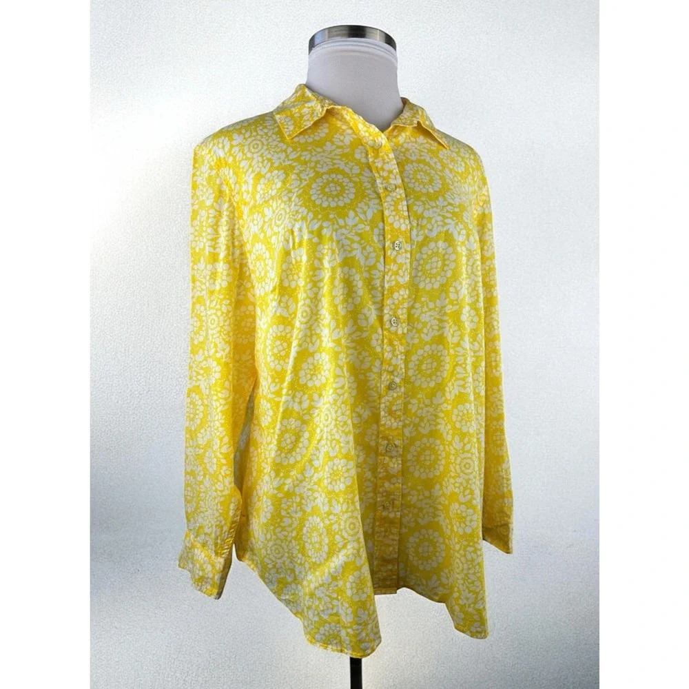 NWT Talbots Sheer Yellow White Print Button Blouse Plus Size 3Xp 3X Petite Top - Picture 14 of 14